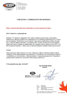 vyhlasenie o nehrdzavejucom materiali 1